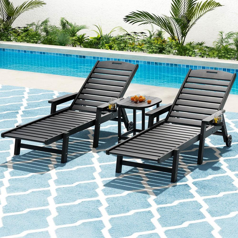 Sun Lounge Lounger Beach Chair HDPE Patio Outdoor Furniture with Wheels Black