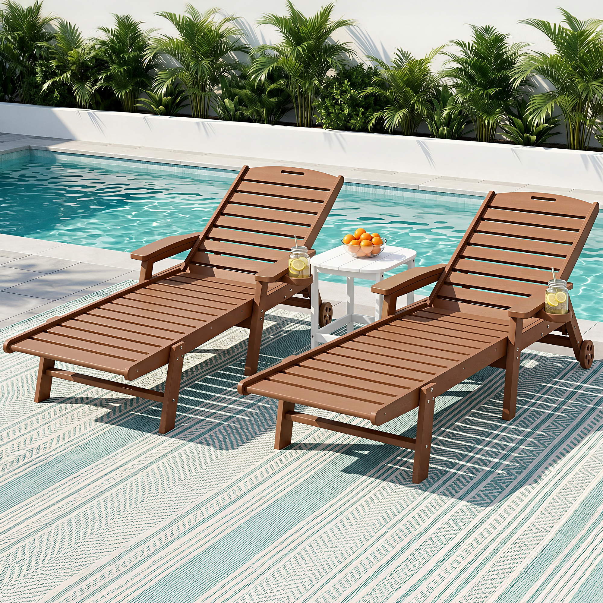 3-Piece Sun Lounge Set with Table and Chairs HDPE Outdoor Furniture Wheels - Brown