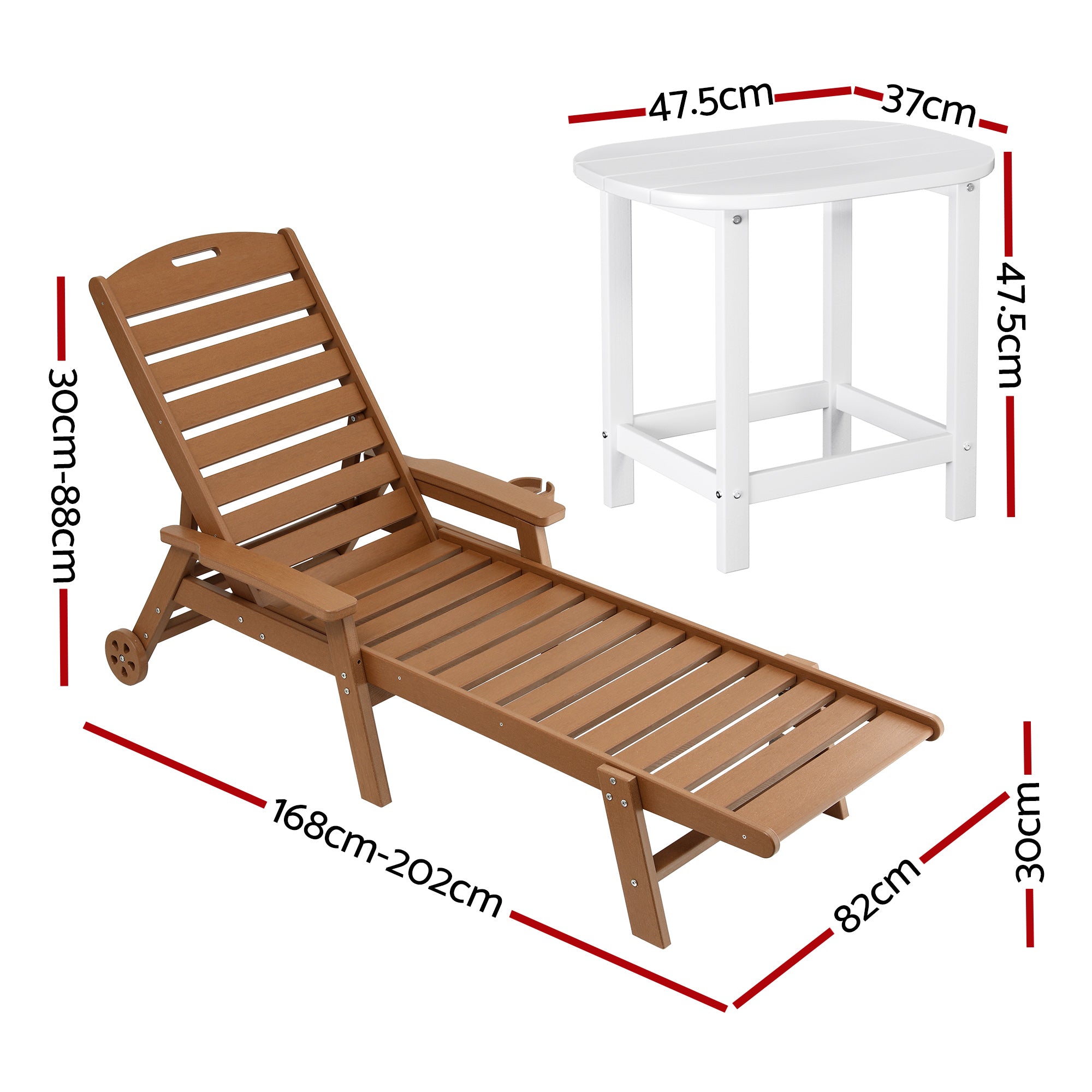 3-Piece Sun Lounge Set with Table and Chairs HDPE Outdoor Furniture Wheels - Brown