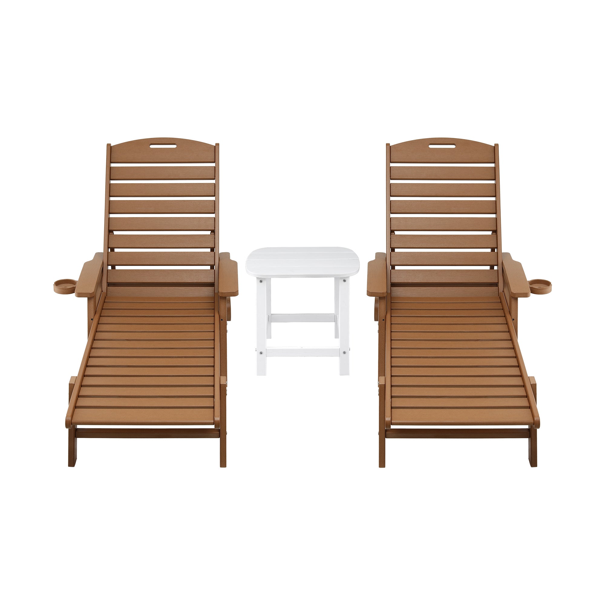 3-Piece Sun Lounge Set with Table and Chairs HDPE Outdoor Furniture Wheels - Brown
