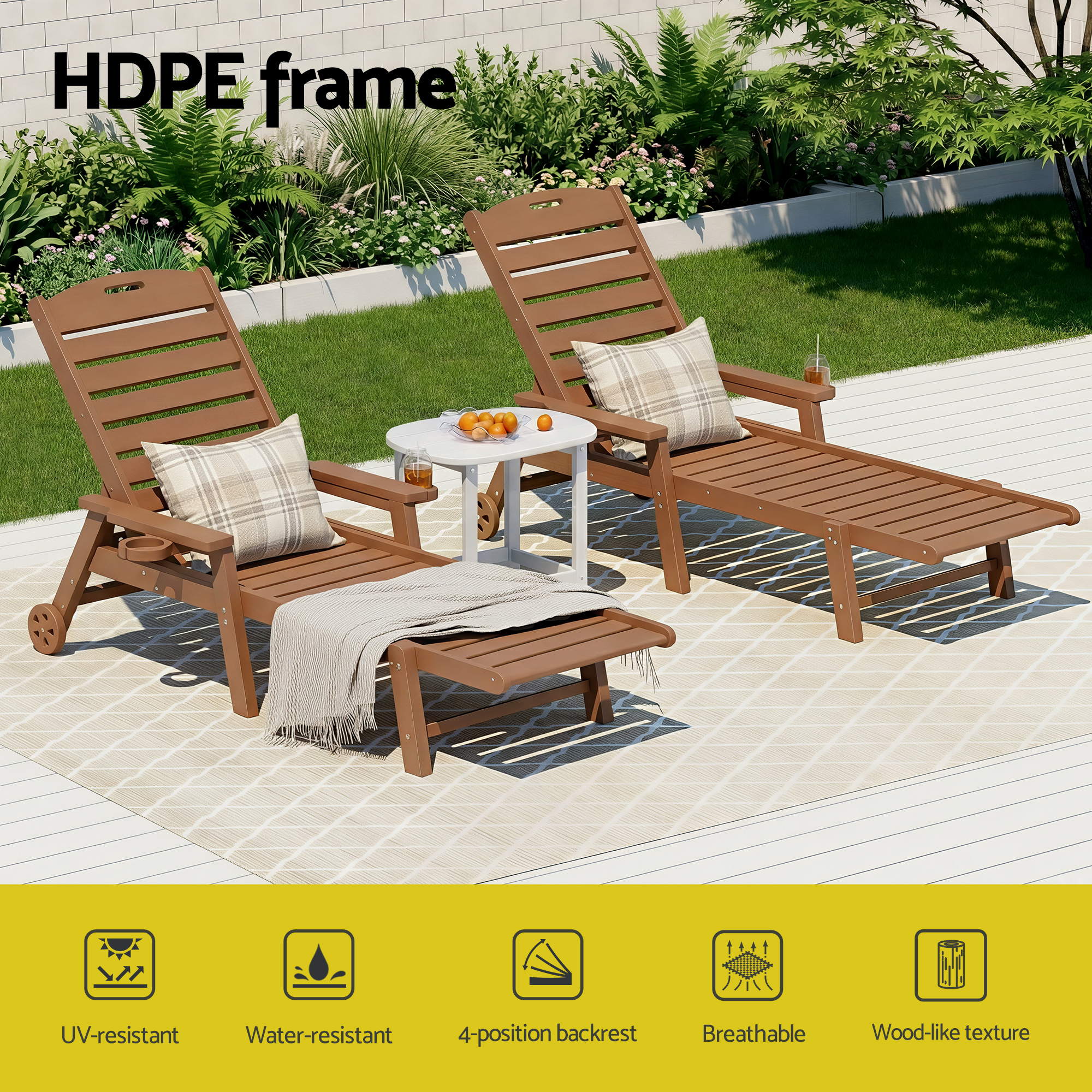 3-Piece Sun Lounge Set with Table and Chairs HDPE Outdoor Furniture Wheels - Brown