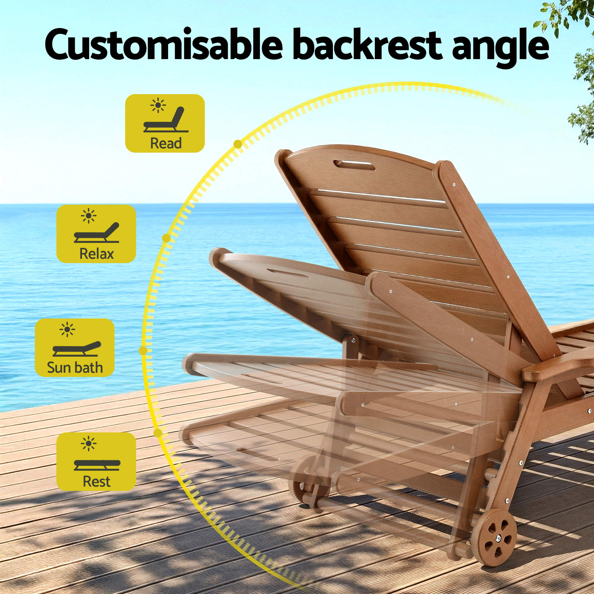 3-Piece Sun Lounge Set with Table and Chairs HDPE Outdoor Furniture Wheels - Brown
