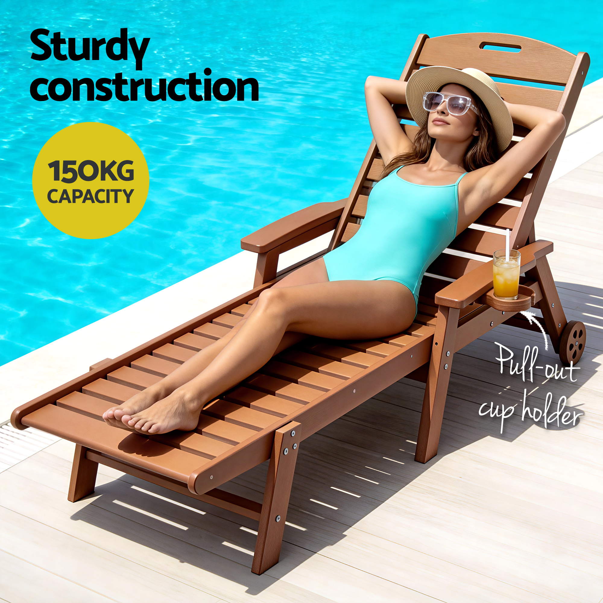3-Piece Sun Lounge Set with Table and Chairs HDPE Outdoor Furniture Wheels - Brown