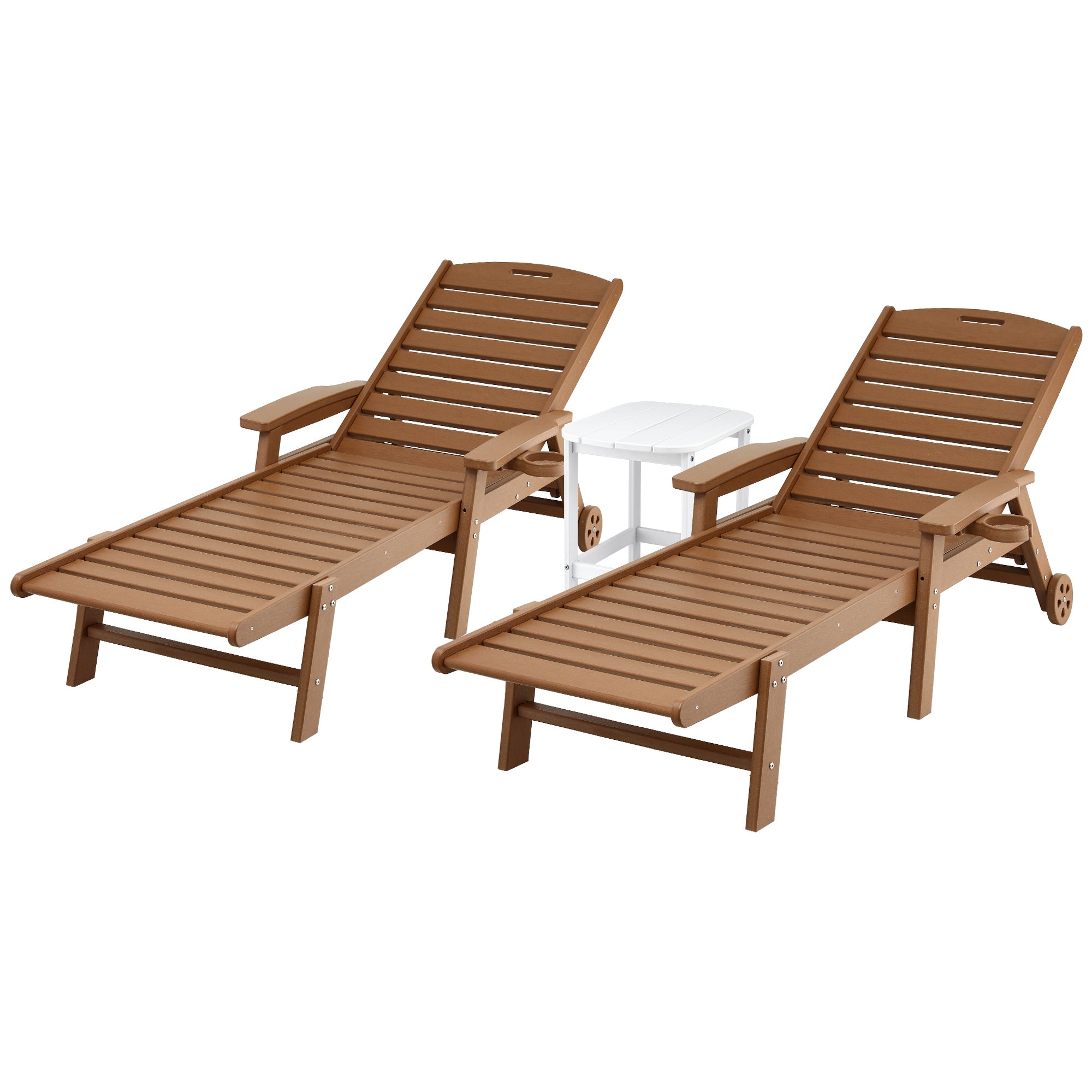 3-Piece Sun Lounge Set with Table and Chairs HDPE Outdoor Furniture Wheels - Brown
