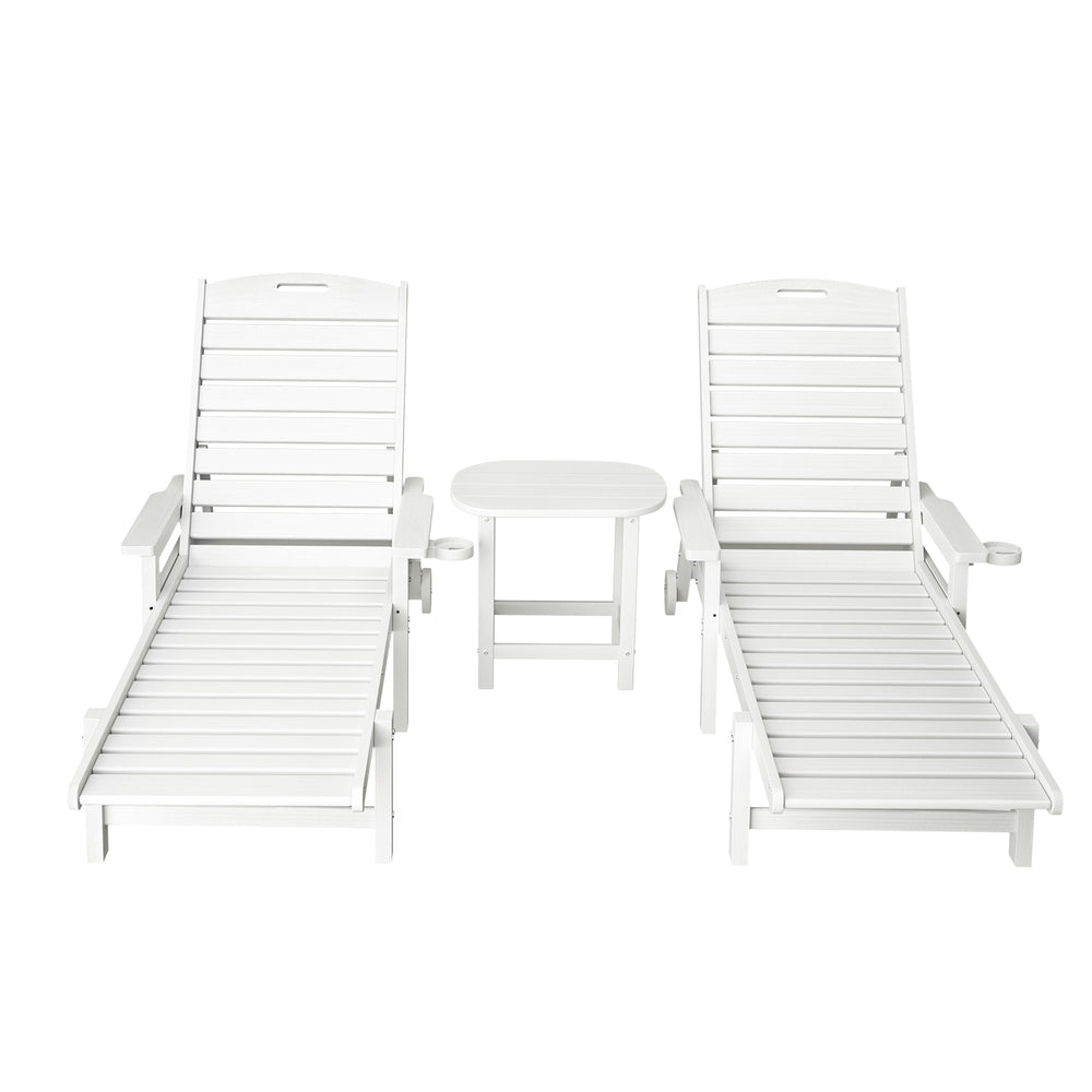 Sun Lounge Lounger Beach Chair HDPE Patio Outdoor Furniture with Wheels White