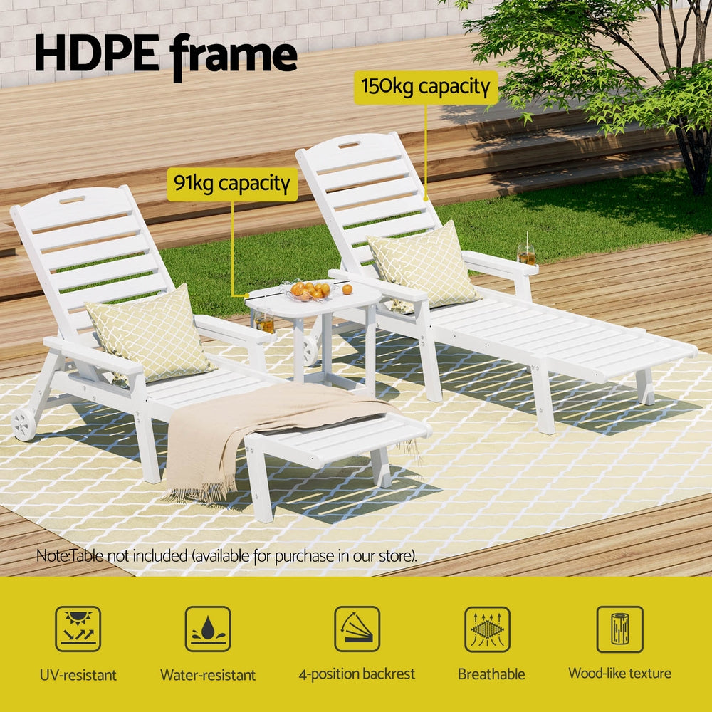Sun Lounge Lounger Beach Chair HDPE Patio Outdoor Furniture with Wheels White