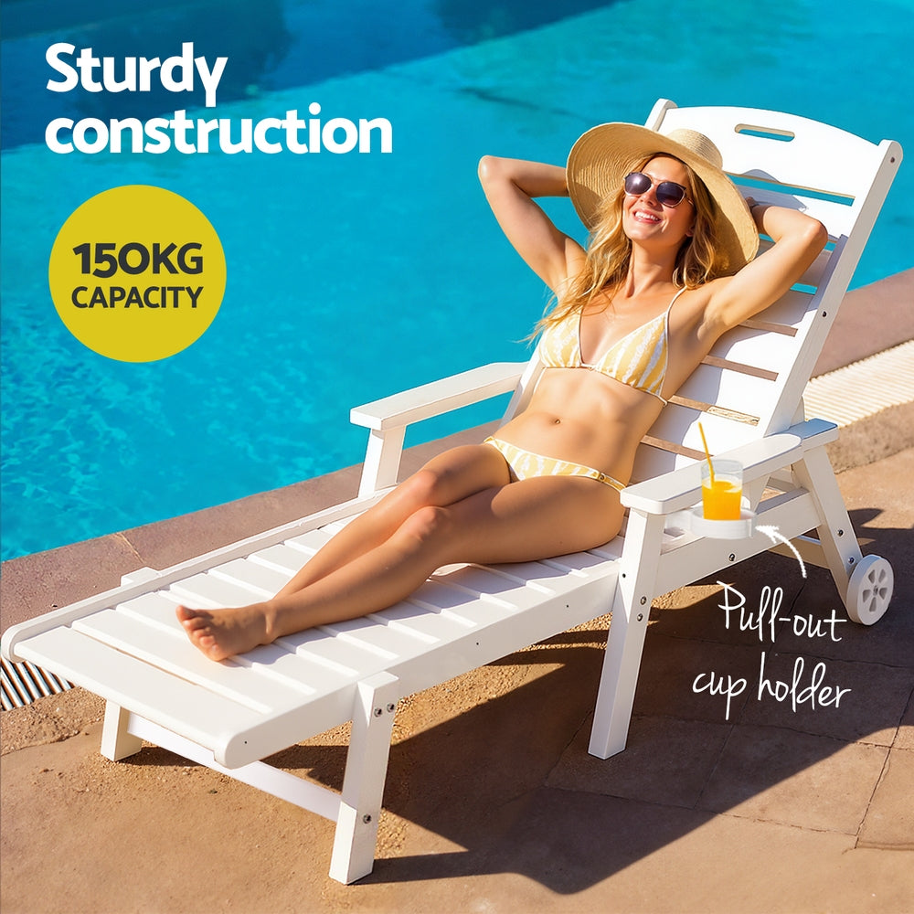 Sun Lounge Lounger Beach Chair HDPE Patio Outdoor Furniture with Wheels White