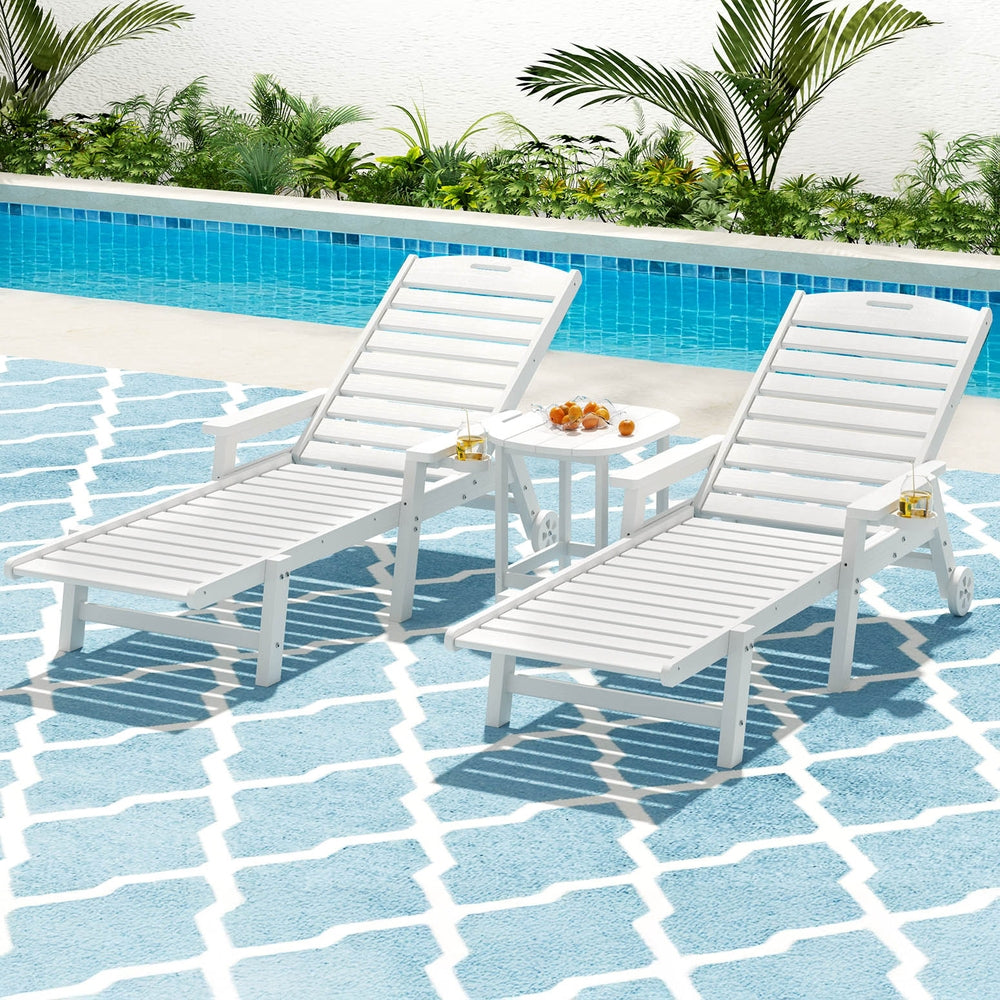 Sun Lounge Lounger Beach Chair HDPE Patio Outdoor Furniture with Wheels White