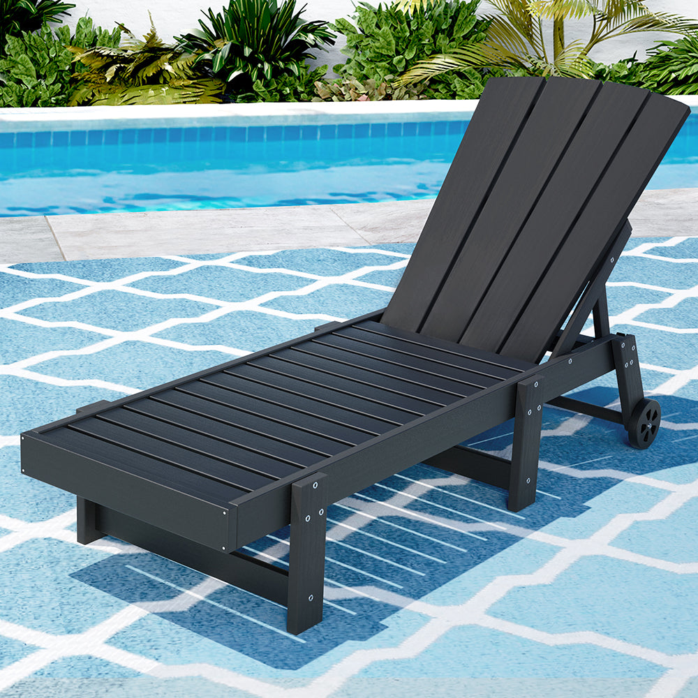 Sun Lounge Beach Chair HDPE Adirondack Lounger Patio Outdoor Furniture with Wheels Black
