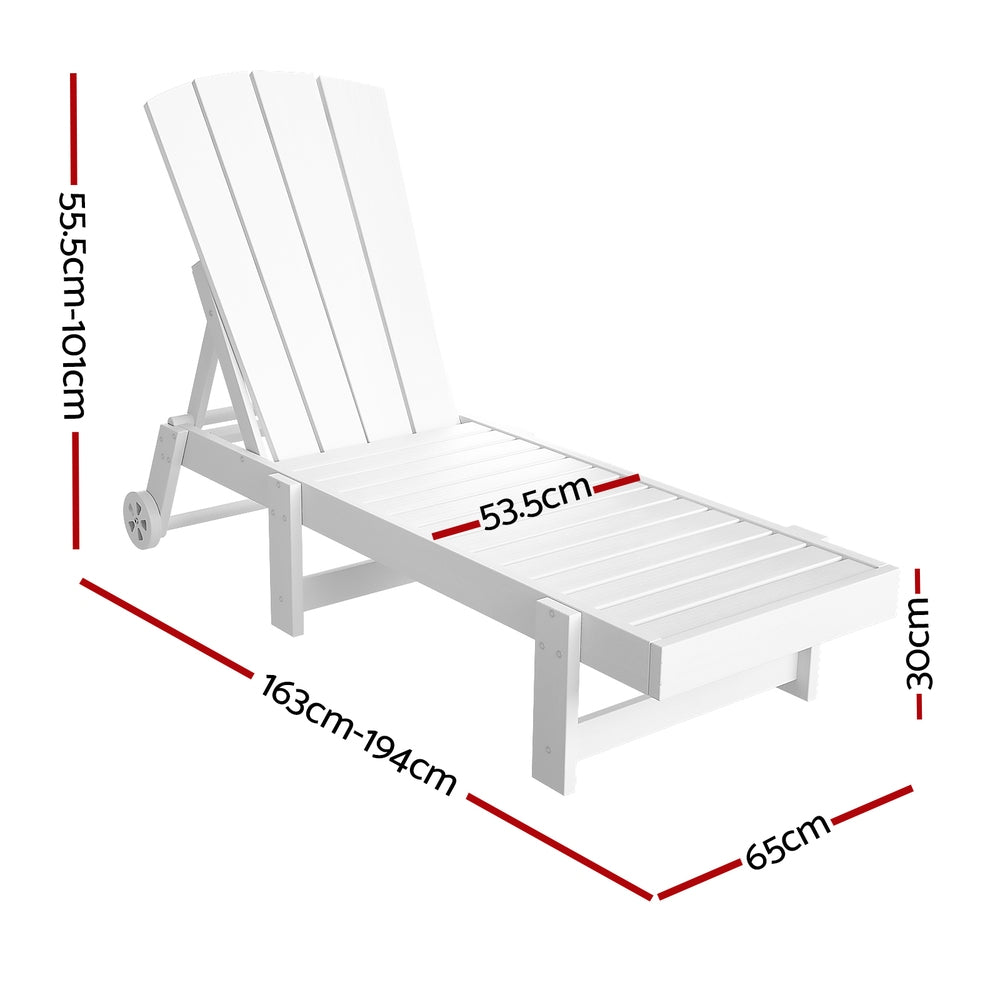 Sun Lounge Beach Chair HDPE Adirondack Lounger Patio Outdoor Furniture with Wheels White