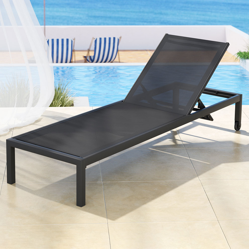 Sun Lounge Outdoor Lounger Aluminium Folding Beach Chair Wheels Black