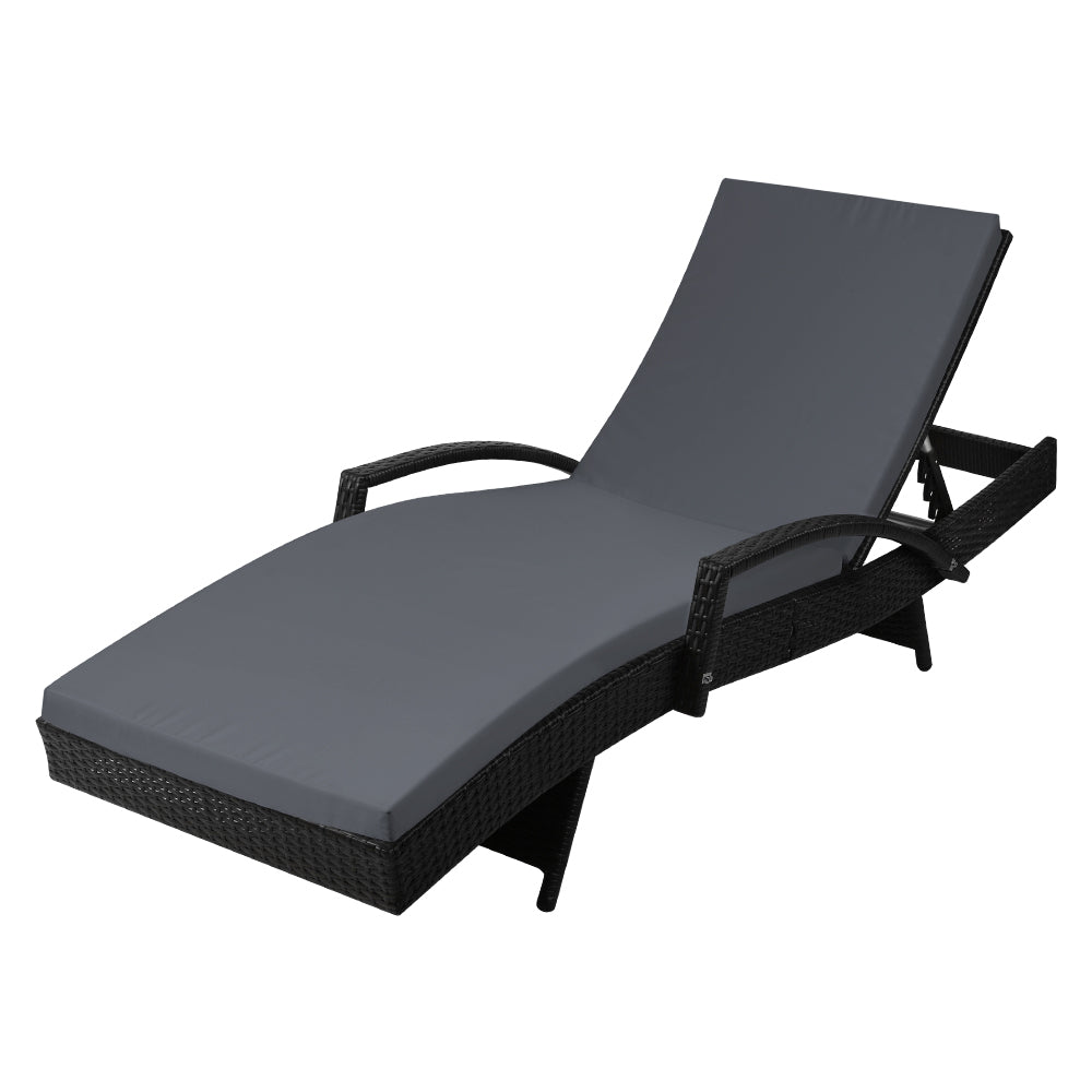 Sun Lounge Wicker Lounger Outdoor Furniture Beach Chair Patio Adjustable Cushion Black