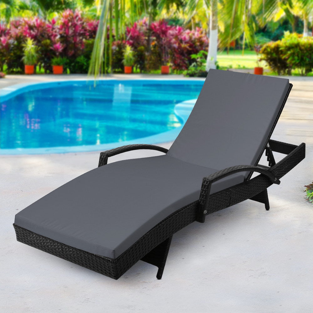 Sun Lounge Wicker Lounger Outdoor Furniture Beach Chair Patio Adjustable Cushion Black