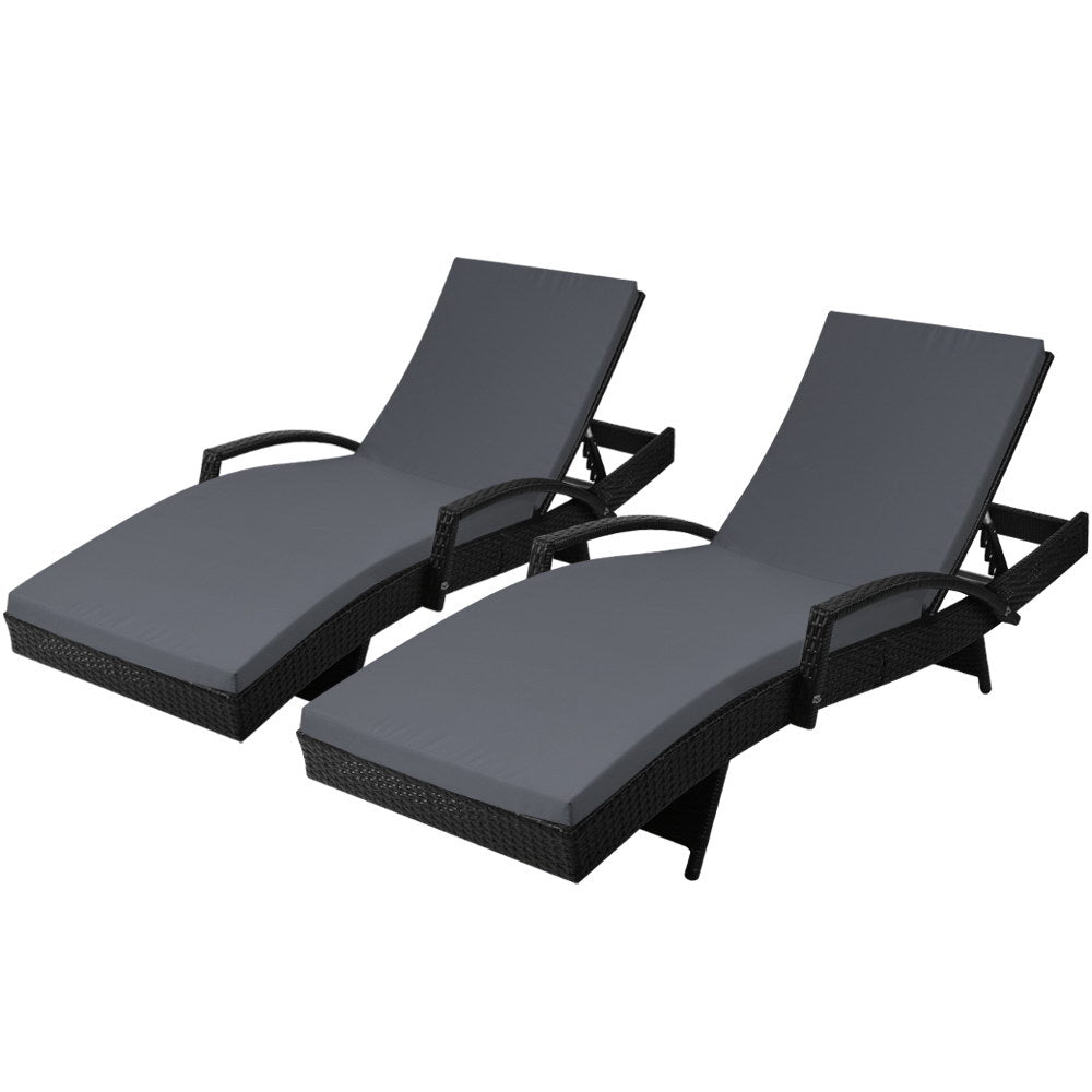 2PC Sun Lounge Wicker Lounger Outdoor Furniture Beach Chair Patio Adjustable Cushion Black