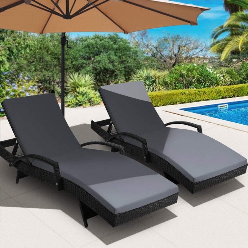 2PC Sun Lounge Wicker Lounger Outdoor Furniture Beach Chair Patio Adjustable Cushion Black