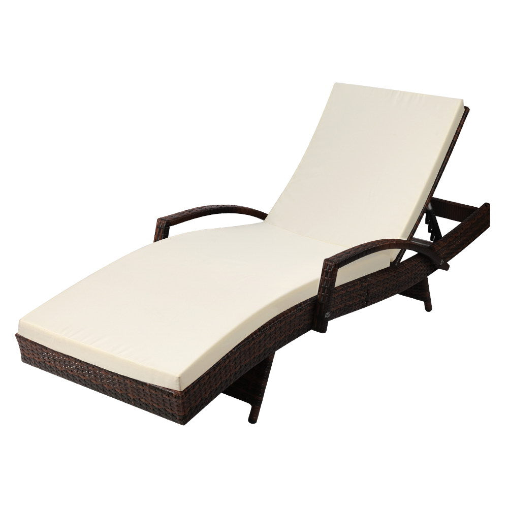 Sun Lounge Wicker Lounger Outdoor Furniture Beach Chair Patio Adjustable Cushion Brown