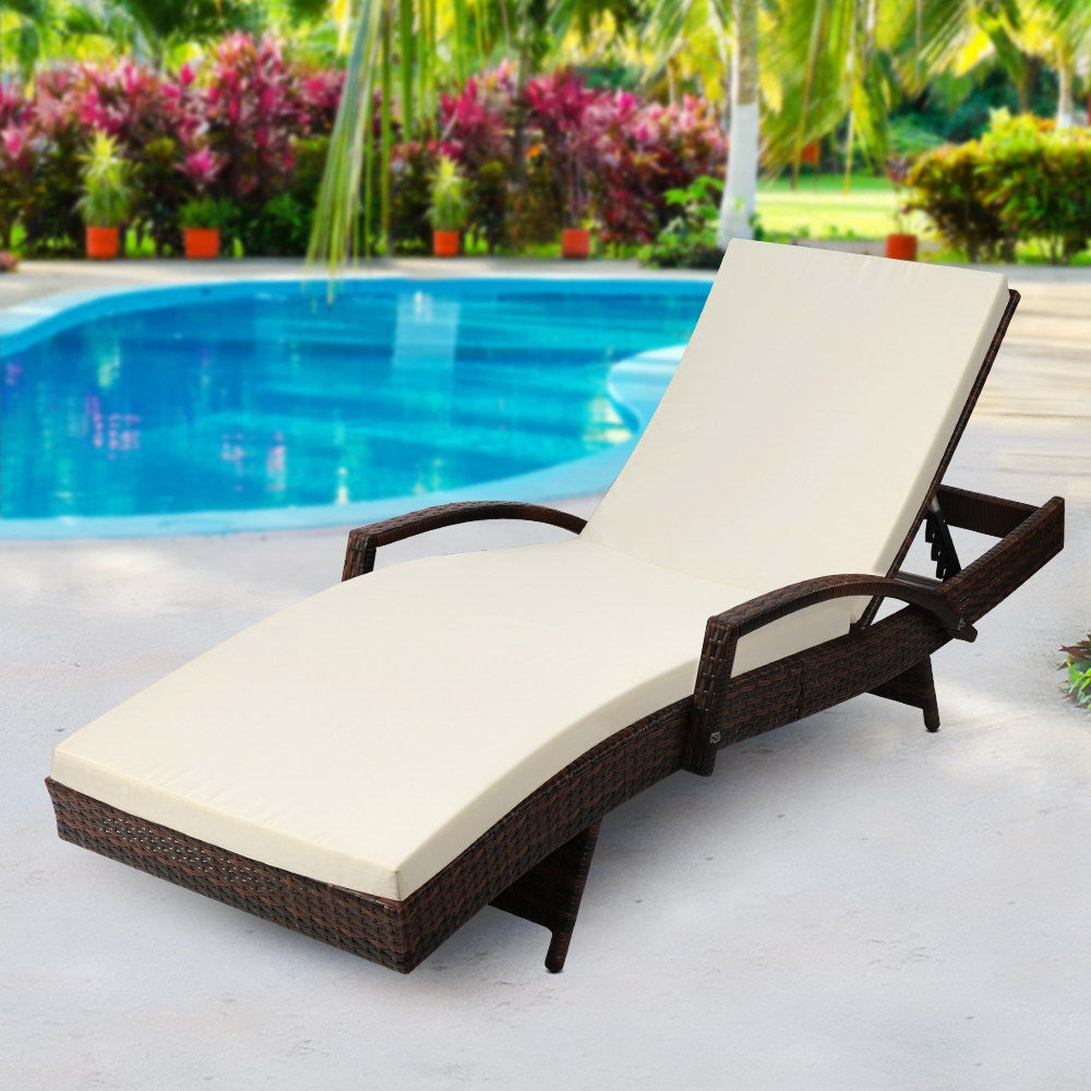 Sun Lounge Wicker Lounger Outdoor Furniture Beach Chair Patio Adjustable Cushion Brown