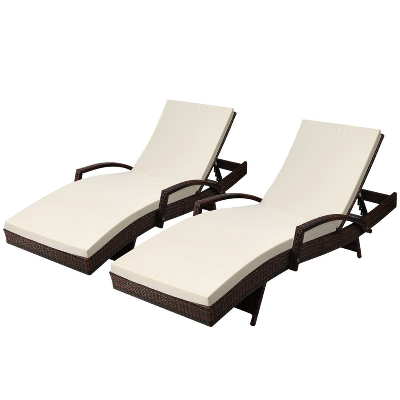 2PC Sun Lounge Wicker Lounger Outdoor Furniture Beach Chair Patio Adjustable Cushion Brown