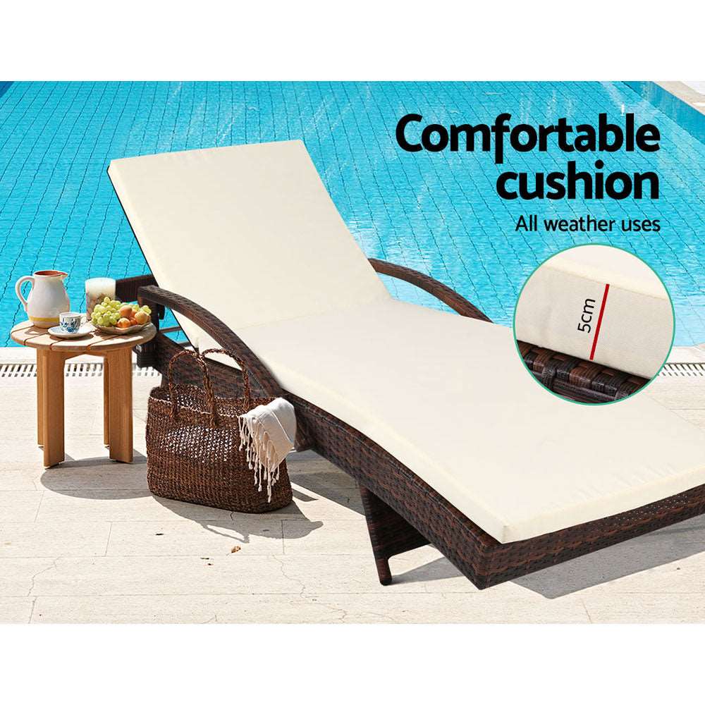 2PC Sun Lounge Wicker Lounger Outdoor Furniture Beach Chair Patio Adjustable Cushion Brown