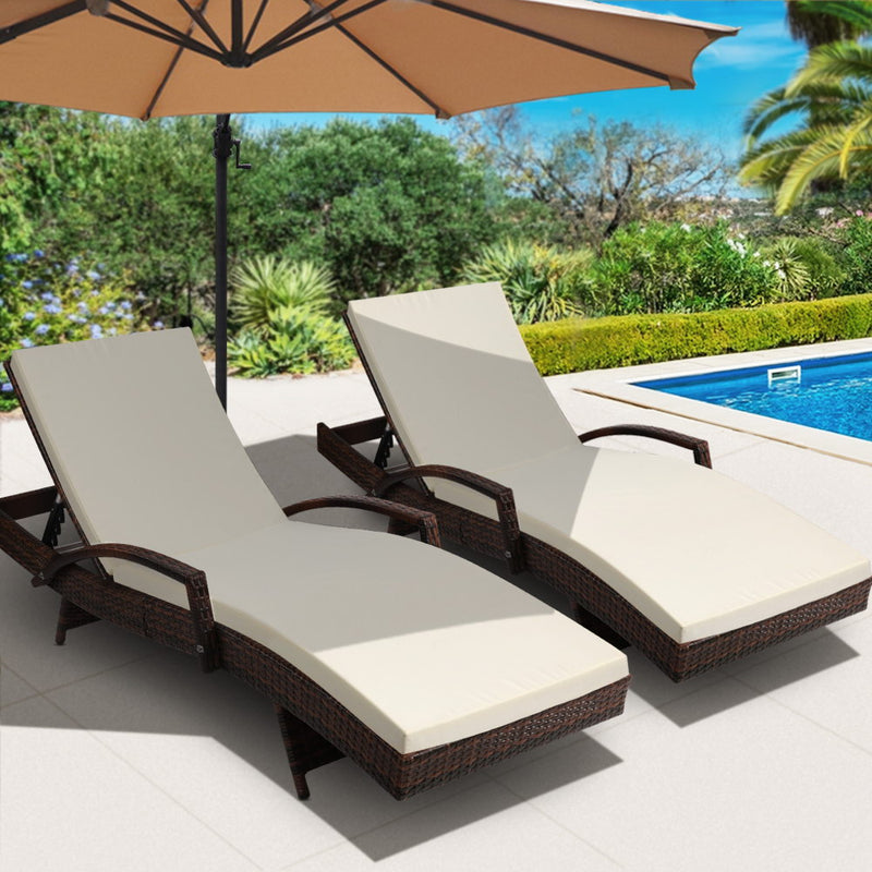 2PC Sun Lounge Wicker Lounger Outdoor Furniture Beach Chair Patio Adjustable Cushion Brown