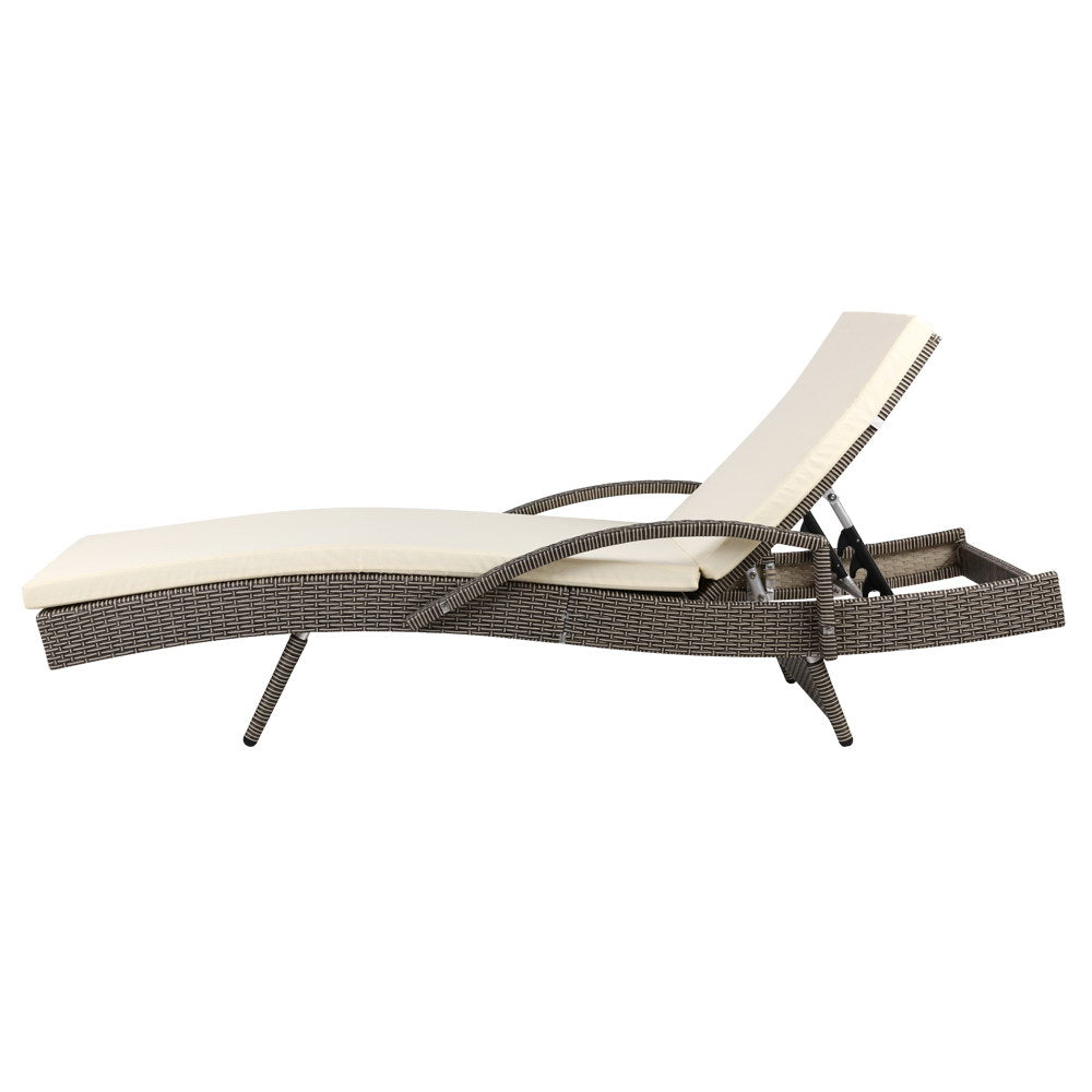 Sun Lounge Wicker Lounger Outdoor Furniture Beach Chair Patio Adjustable Cushion Grey&Beige