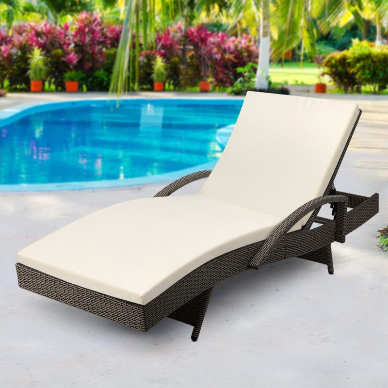 Sun Lounge Wicker Lounger Outdoor Furniture Beach Chair Patio Adjustable Cushion Grey&Beige