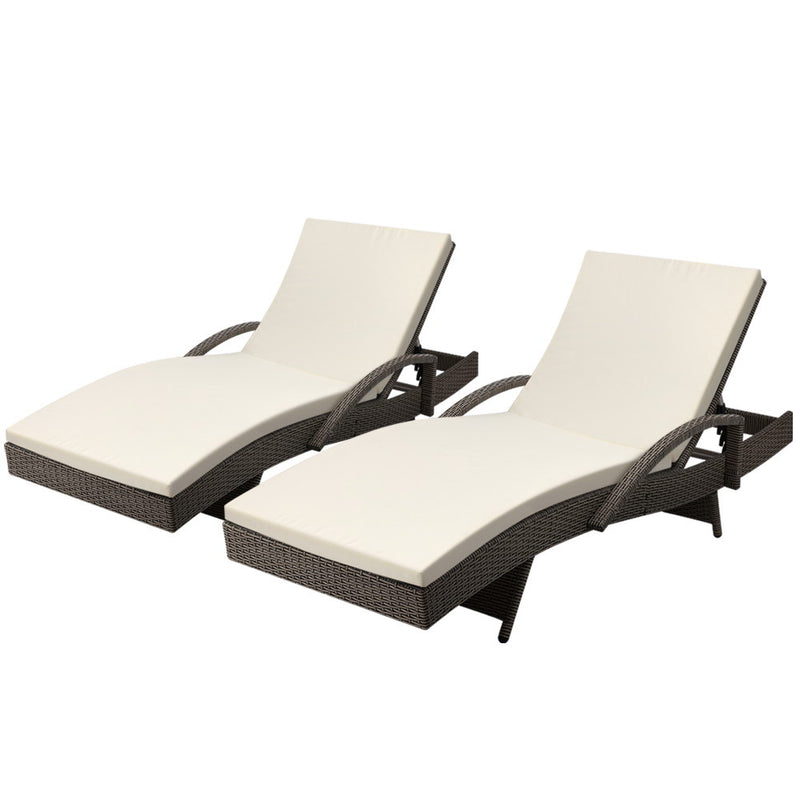 2PC Sun Lounge Wicker Lounger Outdoor Furniture Beach Chair Adjustable Cushion Grey&Beige