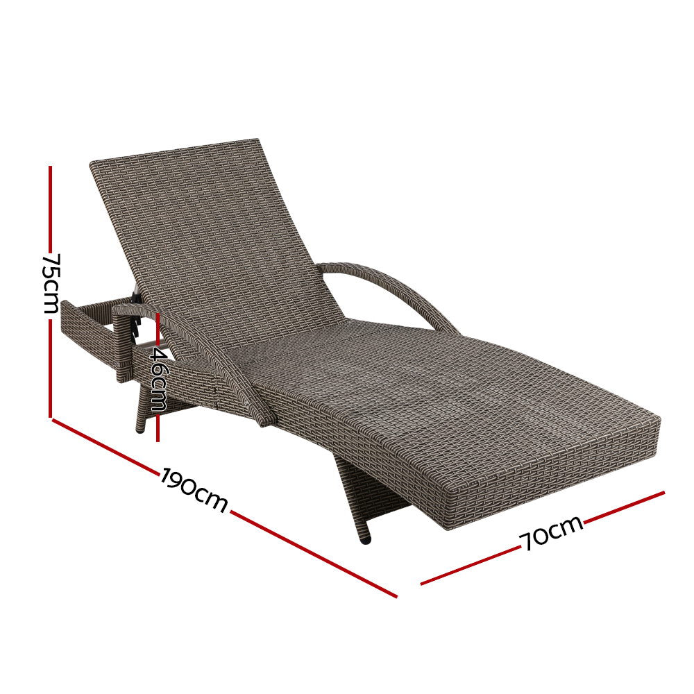 2PC Sun Lounge Wicker Lounger Outdoor Furniture Beach Chair Adjustable Cushion Grey&Beige