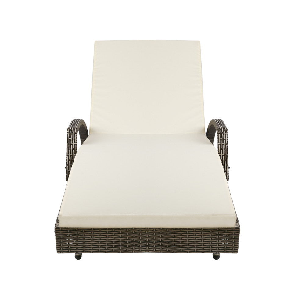 2PC Sun Lounge Wicker Lounger Outdoor Furniture Beach Chair Adjustable Cushion Grey&Beige