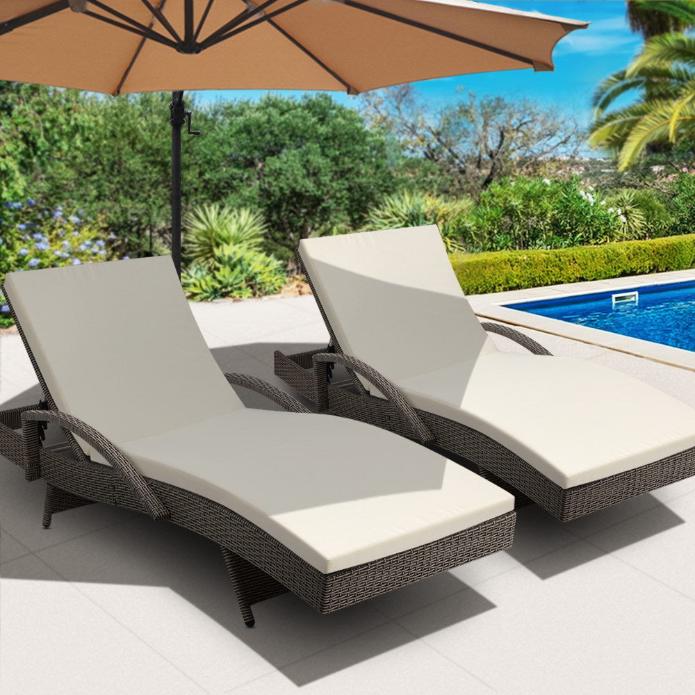 2PC Sun Lounge Wicker Lounger Outdoor Furniture Beach Chair Adjustable Cushion Grey&Beige