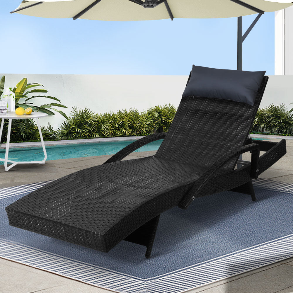 Sun Lounge Wicker Adjustable Backrest Outdoor Beach Chair with Armrest - Black