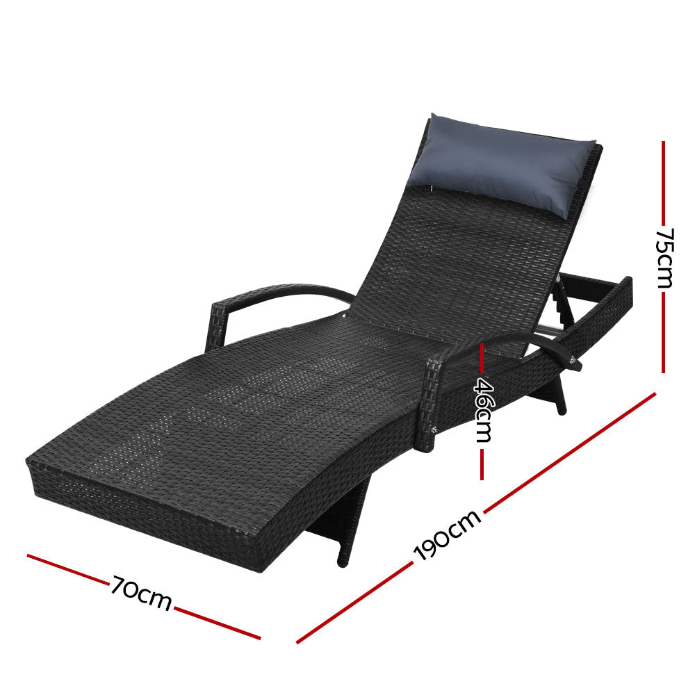 Sun Lounge Wicker Adjustable Backrest Outdoor Beach Chair with Armrest - Black