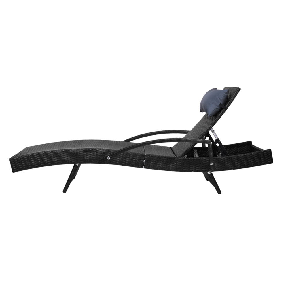 Sun Lounge Wicker Adjustable Backrest Outdoor Beach Chair with Armrest - Black
