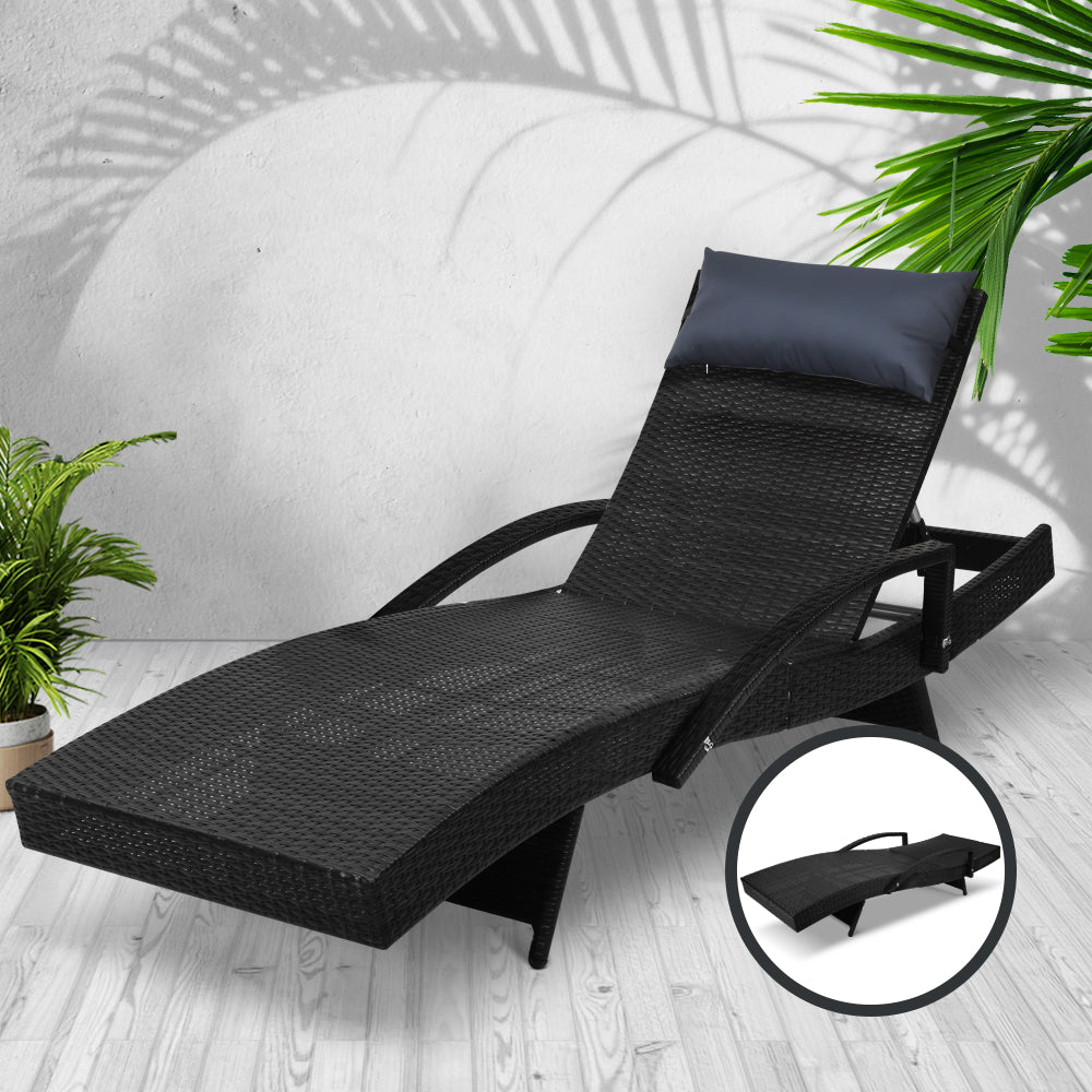 Sun Lounge Wicker Adjustable Backrest Outdoor Beach Chair with Armrest - Black