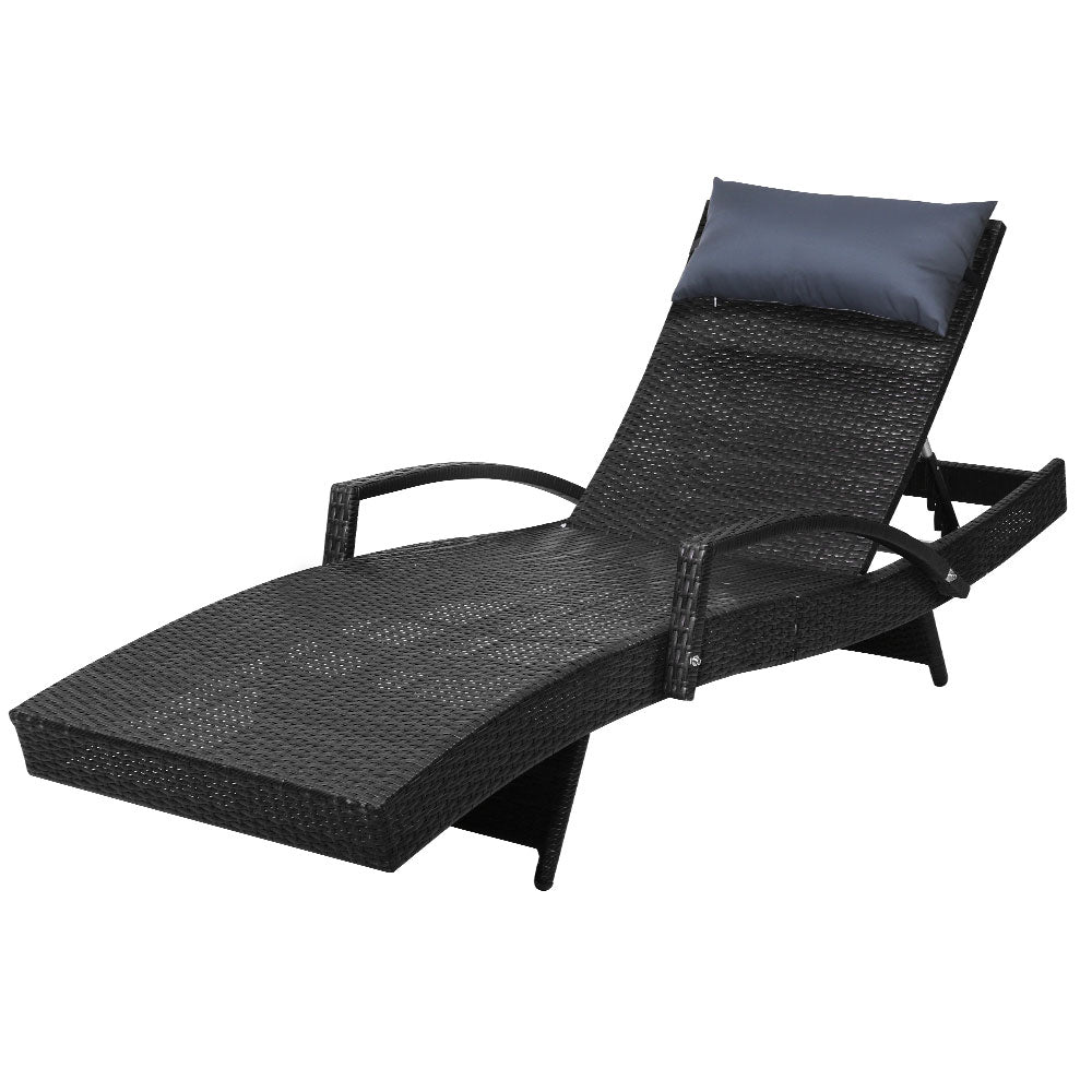 Sun Lounge Wicker Adjustable Backrest Outdoor Beach Chair with Armrest - Black
