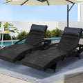 Set of 2 Adjustable Sun Lounge Wicker Outdoor Beach Chairs with Armrest - Black