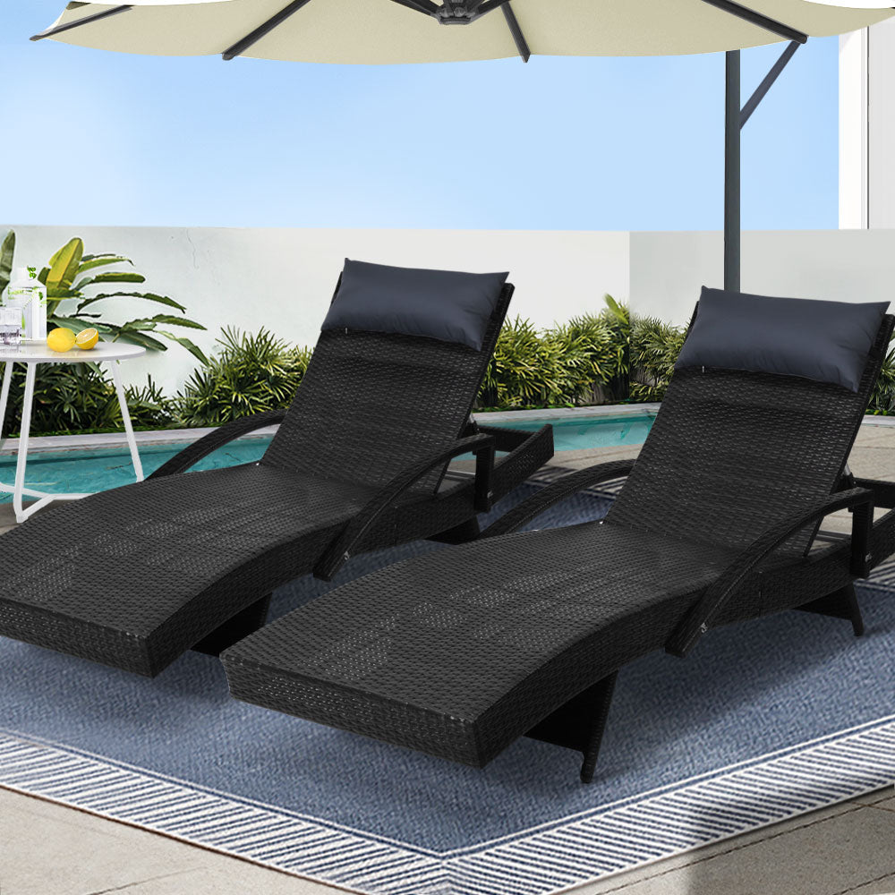 Set of 2 Adjustable Sun Lounge Wicker Outdoor Beach Chairs with Armrest - Black
