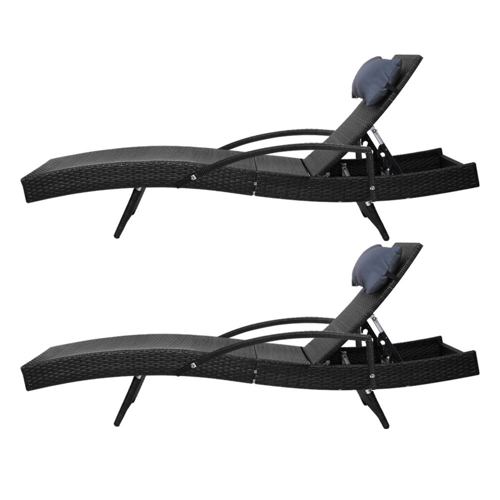 Set of 2 Adjustable Sun Lounge Wicker Outdoor Beach Chairs with Armrest - Black