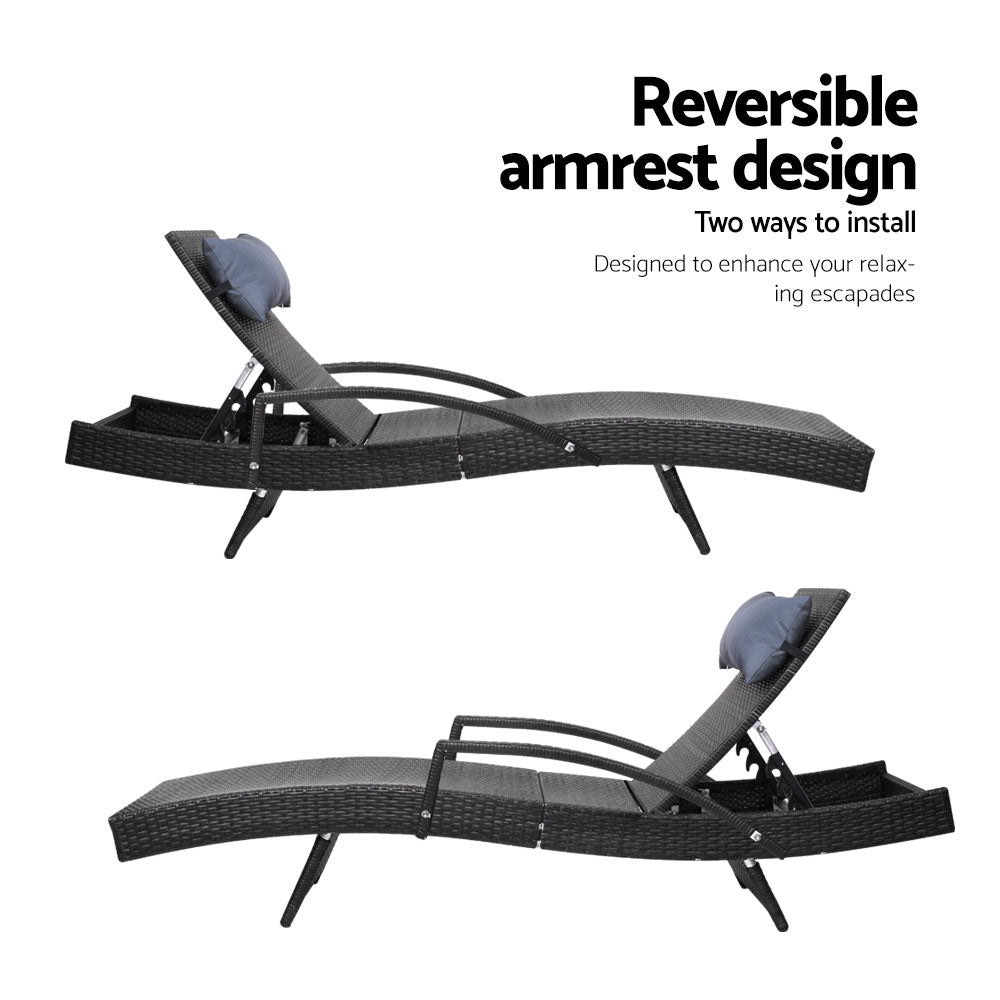 Set of 2 Adjustable Sun Lounge Wicker Outdoor Beach Chairs with Armrest - Black