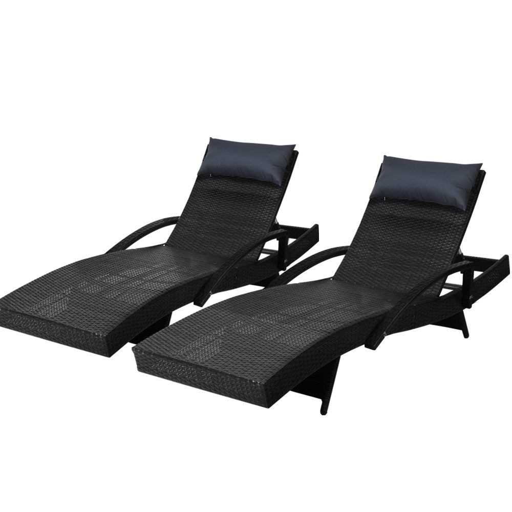 Set of 2 Adjustable Sun Lounge Wicker Outdoor Beach Chairs with Armrest - Black