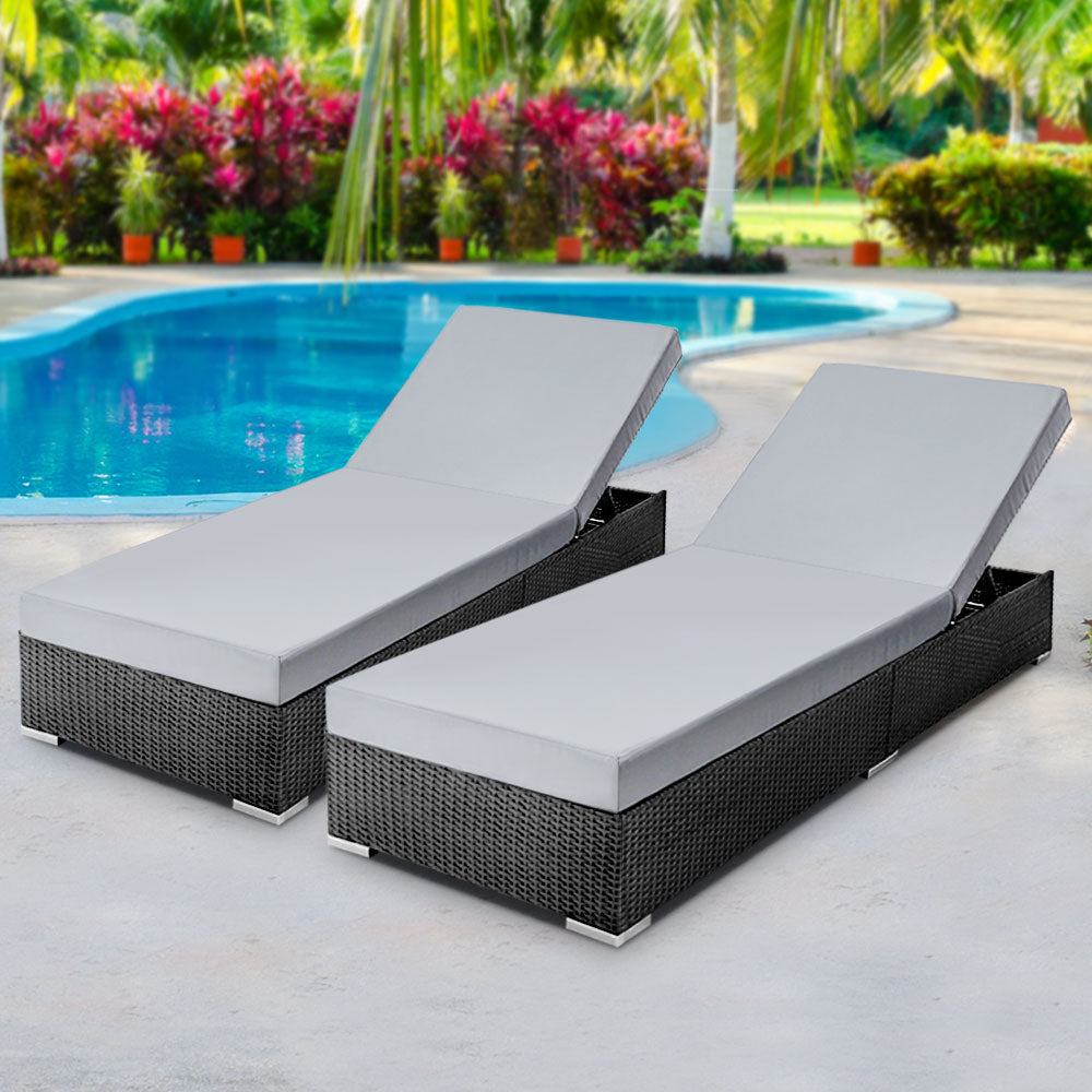 2PC Sun Lounge Wicker Lounger Outdoor Furniture Day Bed Adjustable Rattan Garden