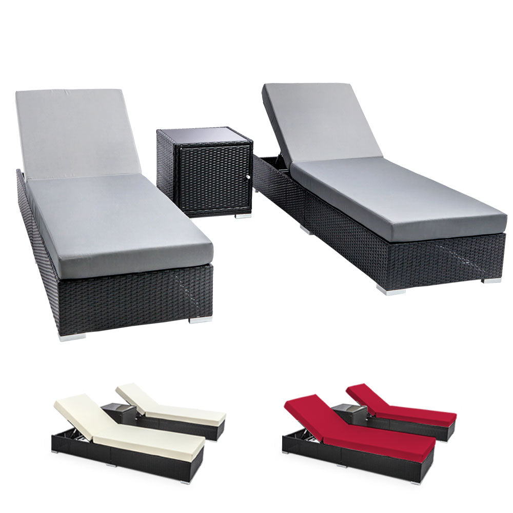 3PC Outdoor Wicker Sun Lounge Set with Day Bed and Cushions - Beige/Grey/Red
