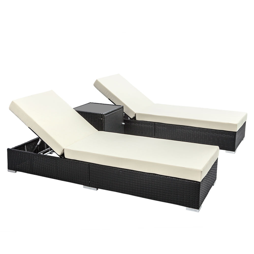 3PC Outdoor Wicker Sun Lounge Set with Day Bed and Cushions - Beige/Grey/Red