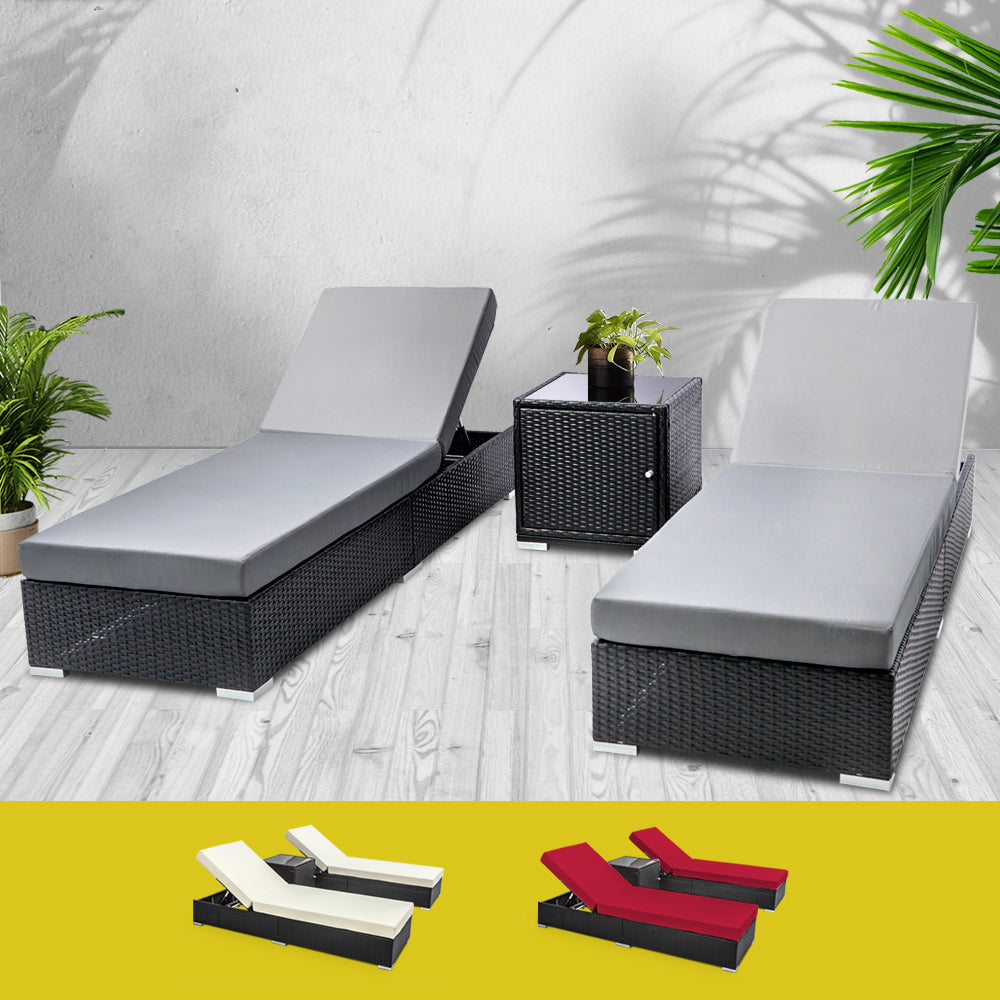 3PC Outdoor Wicker Sun Lounge Set with Day Bed and Cushions - Beige/Grey/Red