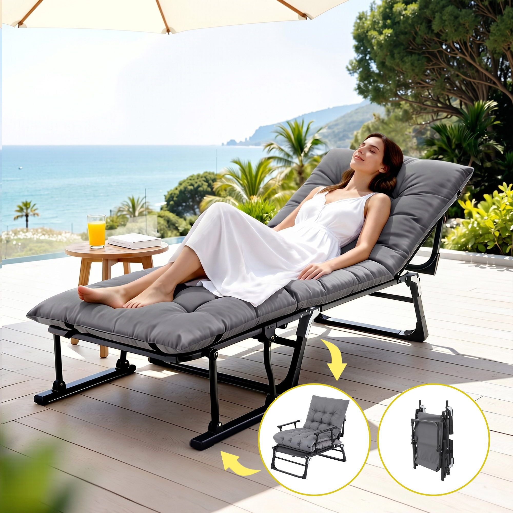 3-in-1 Sun Lounger Folding Camping Chair Adjustable Recliner Patio Furniture for Office Nap, Poolside