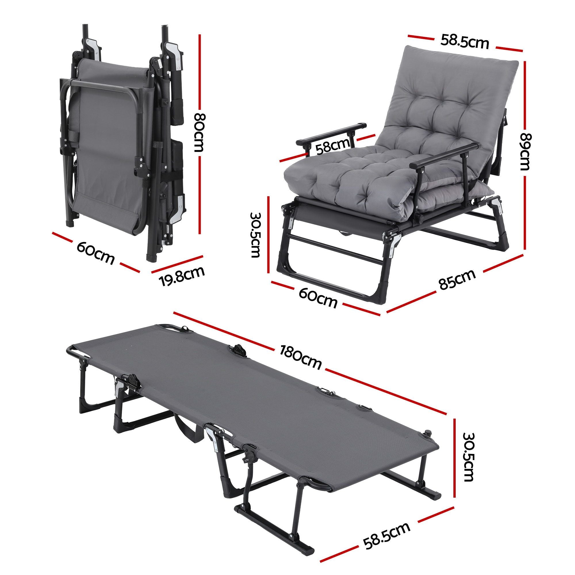 3-in-1 Sun Lounger Folding Camping Chair Adjustable Recliner Patio Furniture for Office Nap, Poolside