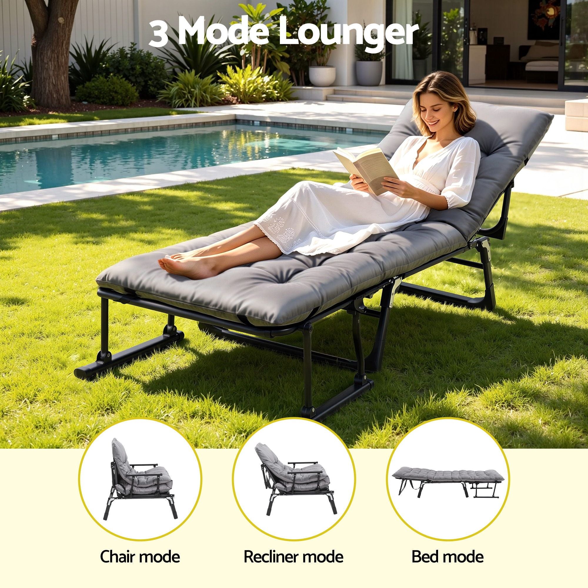 3-in-1 Sun Lounger Folding Camping Chair Adjustable Recliner Patio Furniture for Office Nap, Poolside