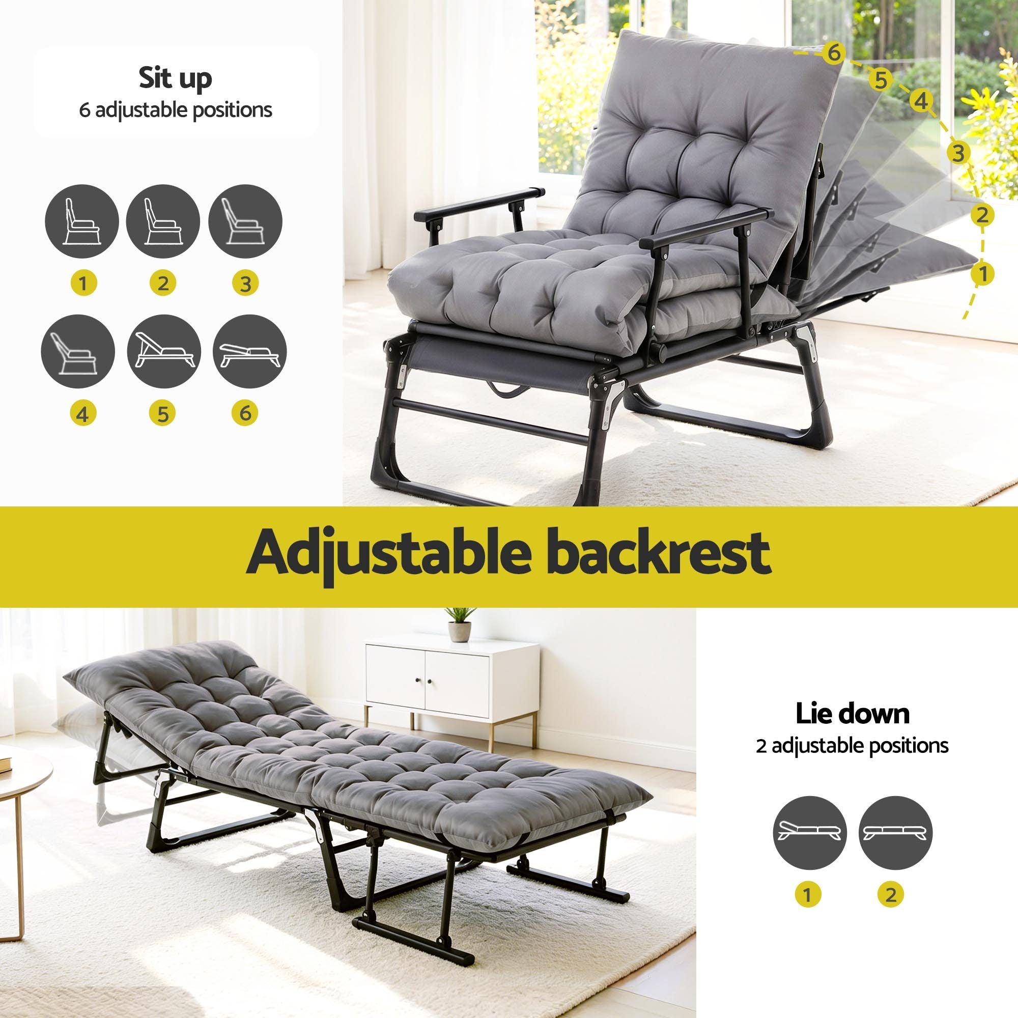 3-in-1 Sun Lounger Folding Camping Chair Adjustable Recliner Patio Furniture for Office Nap, Poolside