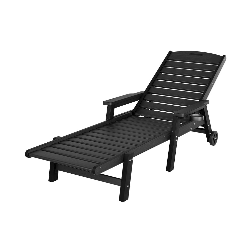 Sun Lounge Lounger Beach Chair HDPE Patio Outdoor Furniture with Wheels Black