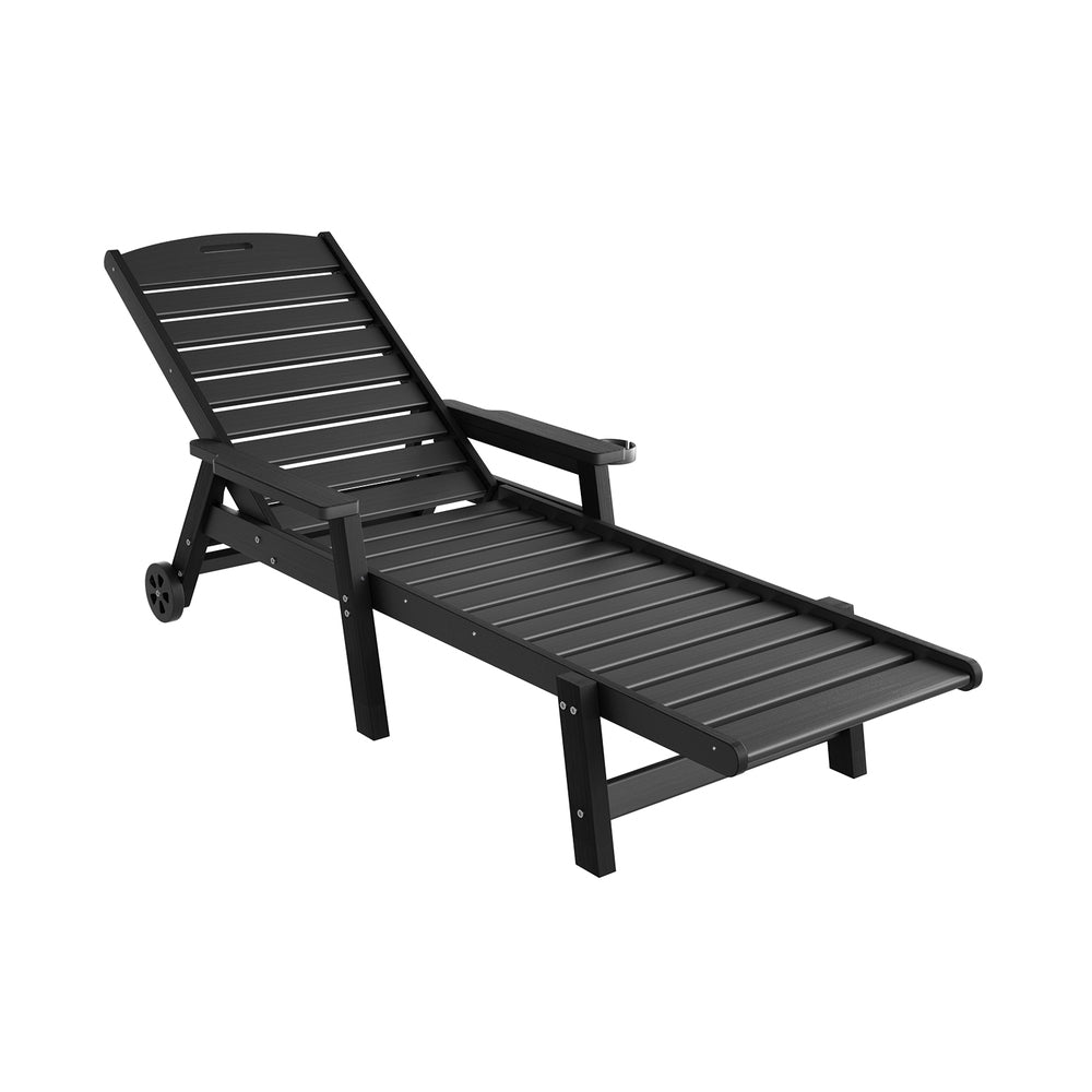 Sun Lounge Lounger Beach Chair HDPE Patio Outdoor Furniture with Wheels Black
